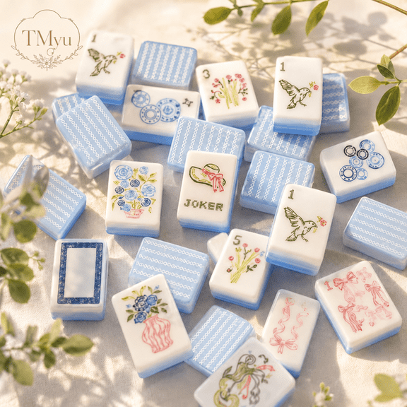 WFSCRD Blue & White Floral American Mahjong Set, 160 Acrylic Tiles, Travel Game Set with Bag