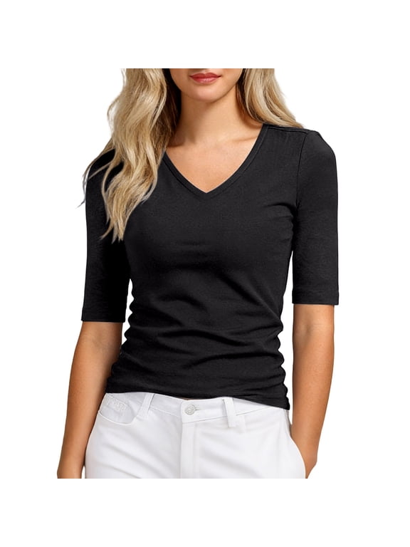 Women'S Half Sleeve V Neck T Shirts Mid Elbow Length Sleeve Shirts Slim Fit Tunic Tops Casual Summer Tees Black S
