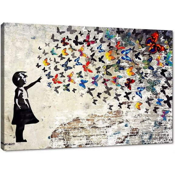 WFSposter-Abstract Creative Graffiti Street Canvas Wall Art Banksy Painting Artwork Wall Decor Graffiti butterfly Painting Colorful Artwork Pop Art Wall Decor Framed Art for Living Room Bedroom
