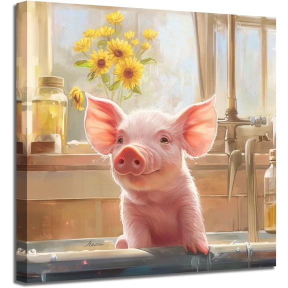 WFSposter Animal Painting Pig Pink Canvas Wall Art Cute Bathroom Picture Prints, Modern Sunflower Funny Farmhouse Bathtube Artwork Framed for Home Office Living Room Bedroom Kitchen Wall Decor