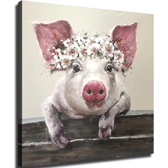 WFSposter Animal Pig with Flower Crown Poster Wall Art Canvas Painting Picture Print Living Room Bedroom Decor (Unframed,10×10inch)