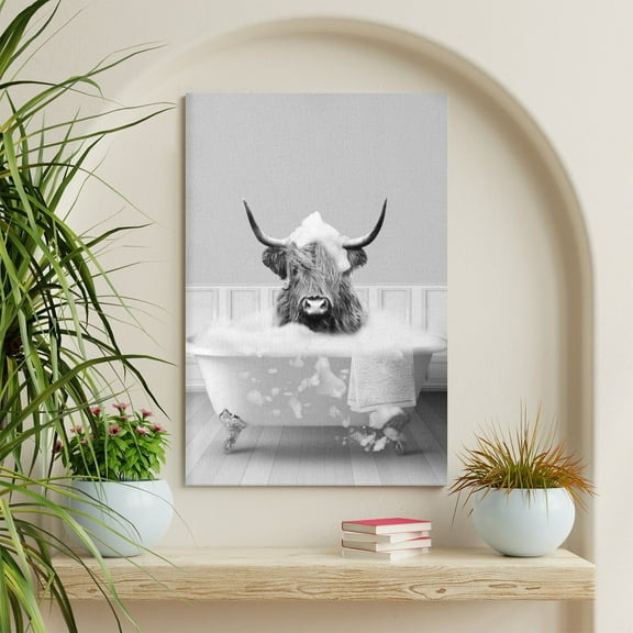 WFSposter Animals Canvas Wall Art Highland Cow Take Bath in Tub Posters Prints Artwork Funny Bathroom Wall Decor Modern Black Framed Pictures for Toilet Bathroom Decoration Gifts - 12x16"