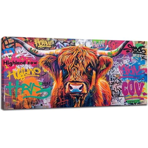 WFSposter-Banksy Highland Cow Large Wall Art Colorful Graffiti Pictures Wall Decor Street Canvas Pop Painting Modern Artwork Home Decoration for Living Room Bathroom Bedroom Office