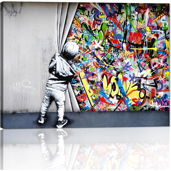 WFSposter-Banksy Street Art Child Colorful Graffiti Posters Printing Pop Artwork Behind The Curtain Graffiti Canvas Paintings Art Wall Decor for Living Room Modern Home Decor