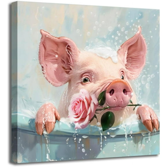 WFSposter Bathroom Wall Art Cute Pig Pink Rose Painting Funny Animal Picture Canvas Prints, Modern Watercolor Artwork Framed for Bedroom Living Room Kitchen Dinning Room Home Office Wall Decor
