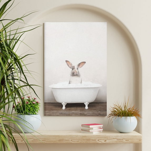 WFSposter Bunny in Rustic Bath Framed Canvas Wall Art Art Studio, 18x24 Gold, Modern Fun Decorative Bathtub Wall Art for Home Décor