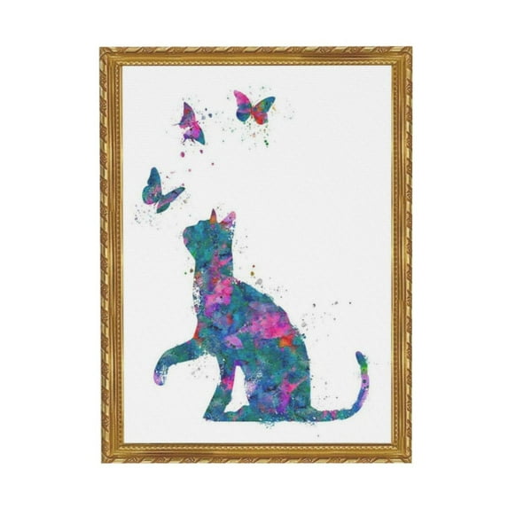 WFSposter Butterflies and Cat Art-Watercolor Style Wall,Home or Apartment Decor-Sweet Poster Print Gift for Kitten,Kitty Lovers,Women,Girls,Kids,Baby Room,Nursery-Contemporary Modern 8x10