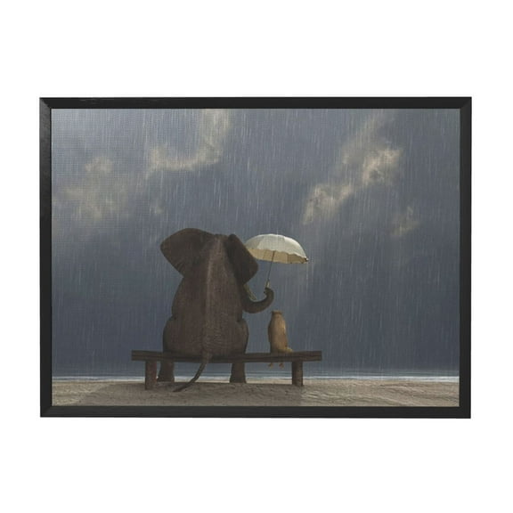 WFSposter Canvas Prints Wall Art - Elephant and Dog Sit Under The Rain | Modern Wall Decor/Home Decoration Stretched Gallery Canvas Print.