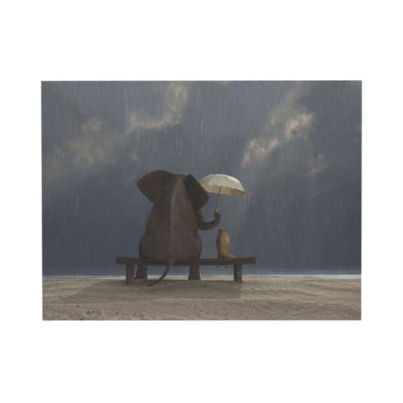 WFSposter Canvas Prints Wall Art - Elephant and Dog Sit Under The Rain | Modern Wall Decor/Home Decoration Stretched Gallery Canvas Print.