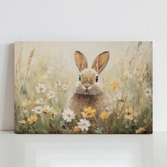 WFSposter Canvas Wall Art Funny Easter Bunny Prints Wall Decor Cute Rabbit in Wildflowers Aesthetic Room Décor Floral Spring Artwork for Kids Room, Living Room, Bedroom or Festive Spaces 12x16In