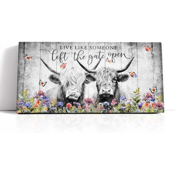 WFSposter Country Farmhouse Highland Cow Cattle Black And White in Watercolor Flower Wildflower Prints Painting Pictures Wall Art Wall Decor Canvas Framed Animal Artwork For Living Room Home Kitchen