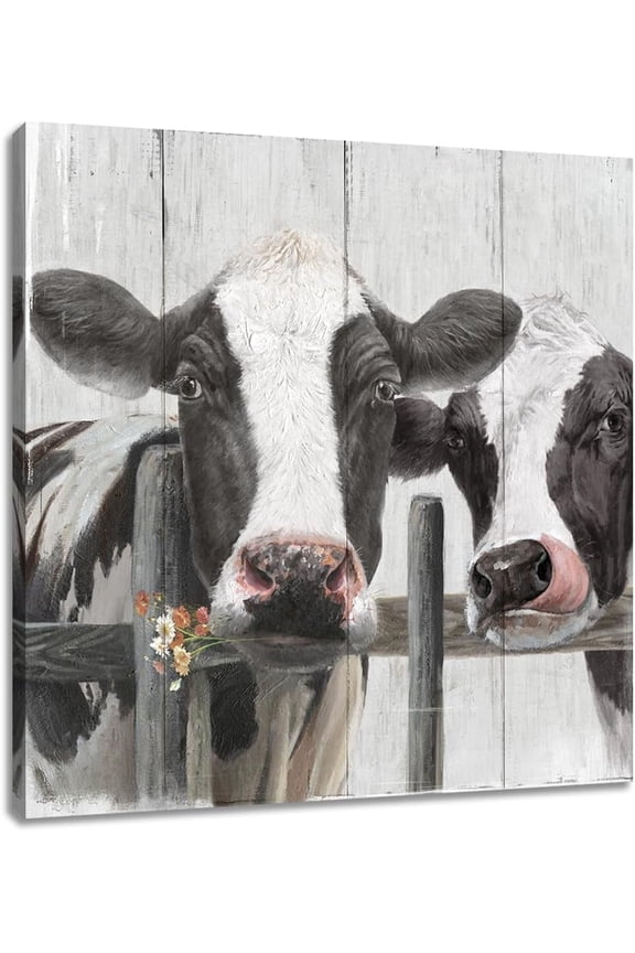 Couple Cow Pictures Wall Decor, Love themed Canvas Wall Art Print, curious cow Painting Poster, funny farm animal Mural for Bedroom Bathroom and Kitchen Framed 12"x12"