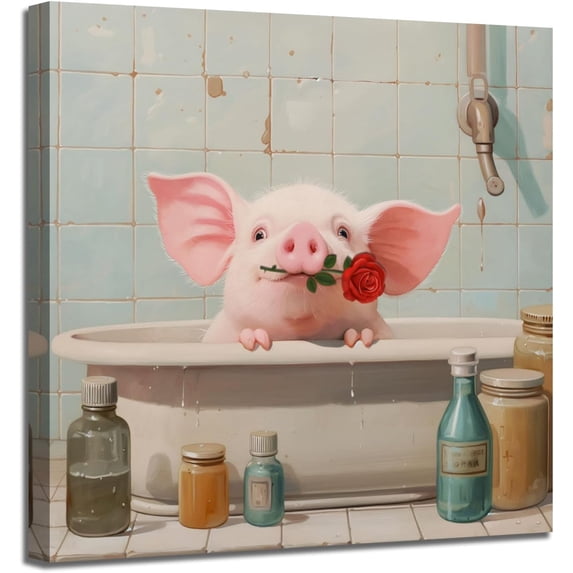 WFSposter Cute Animal Canvas Wall Art Pig Pink with Red Rose Painting Woodgrain Picture Framed Modern for Bathroom Living Room Bedroom Nursery Room Dinning Room Kitchen Wall Decor, 14"x14" One Panel