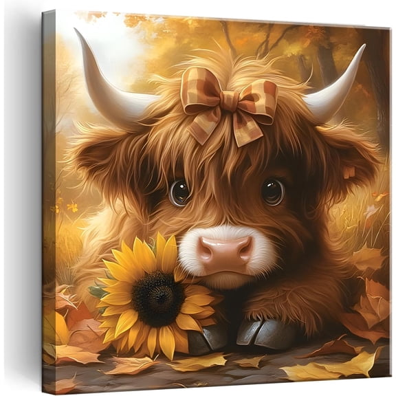 WFSposter Cute Highland Cow Baby Canvas Wall Art Rustic Farmhouse Sunflower Wall Decor Picture Baby Cow Poster Print for Bedroom Bathroom Home Decoration 12x12in