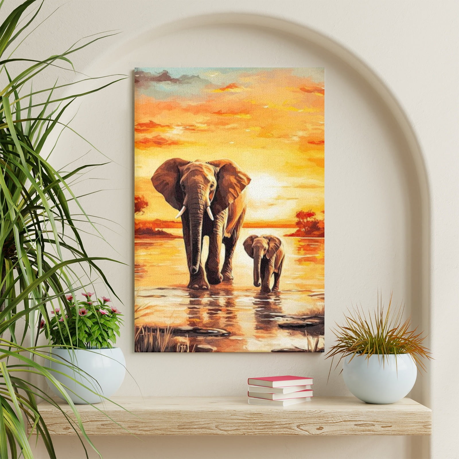 WFSposter Elephant Canvas Wall Art, Sunset Elephant Oil Painting Wild ...