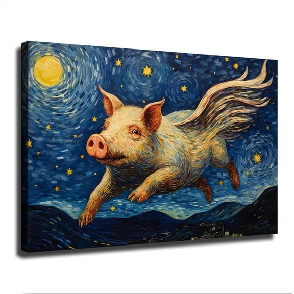 WFSposter Flying Pig From The Starry Night Poster Decorative Painting Holiday Gift HD Picture Modern Aesthetics Mural Canvas Wall Art (Framed,08×12inch)