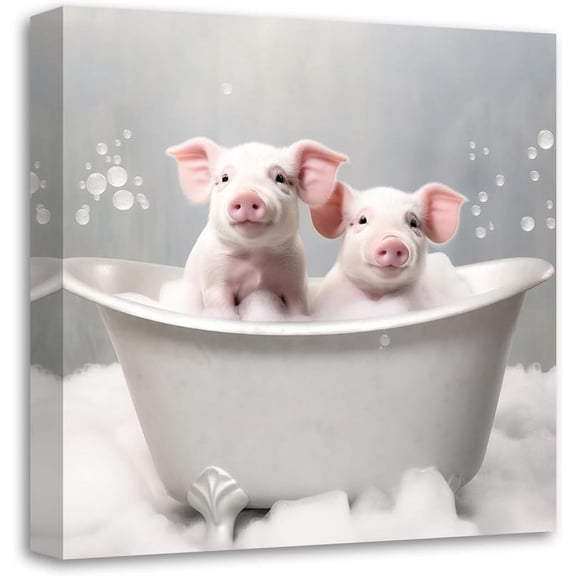 WFSposter Funny Animal Bathroom Wall Art Cute Pig in Bathtub with Bubbles Canvas Prints Posters Toilet Pictures for Baby Room Decor Framed (Bathroom-1, 12.00"x12.00")