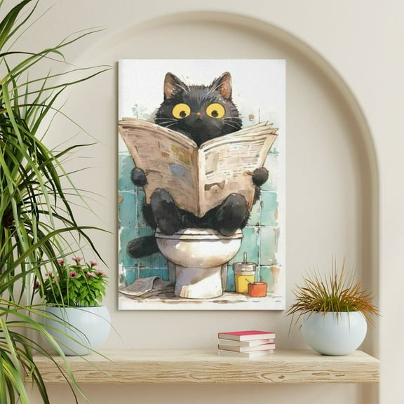 WFSposter Funny Black Cat Using Toilet Posters Cute Cat Reading Newspaper Bathroom Art Botanical Animal Pink Toilet Painting For Living Room Bedroom Toilet Wall Decor 12x16in Unframed