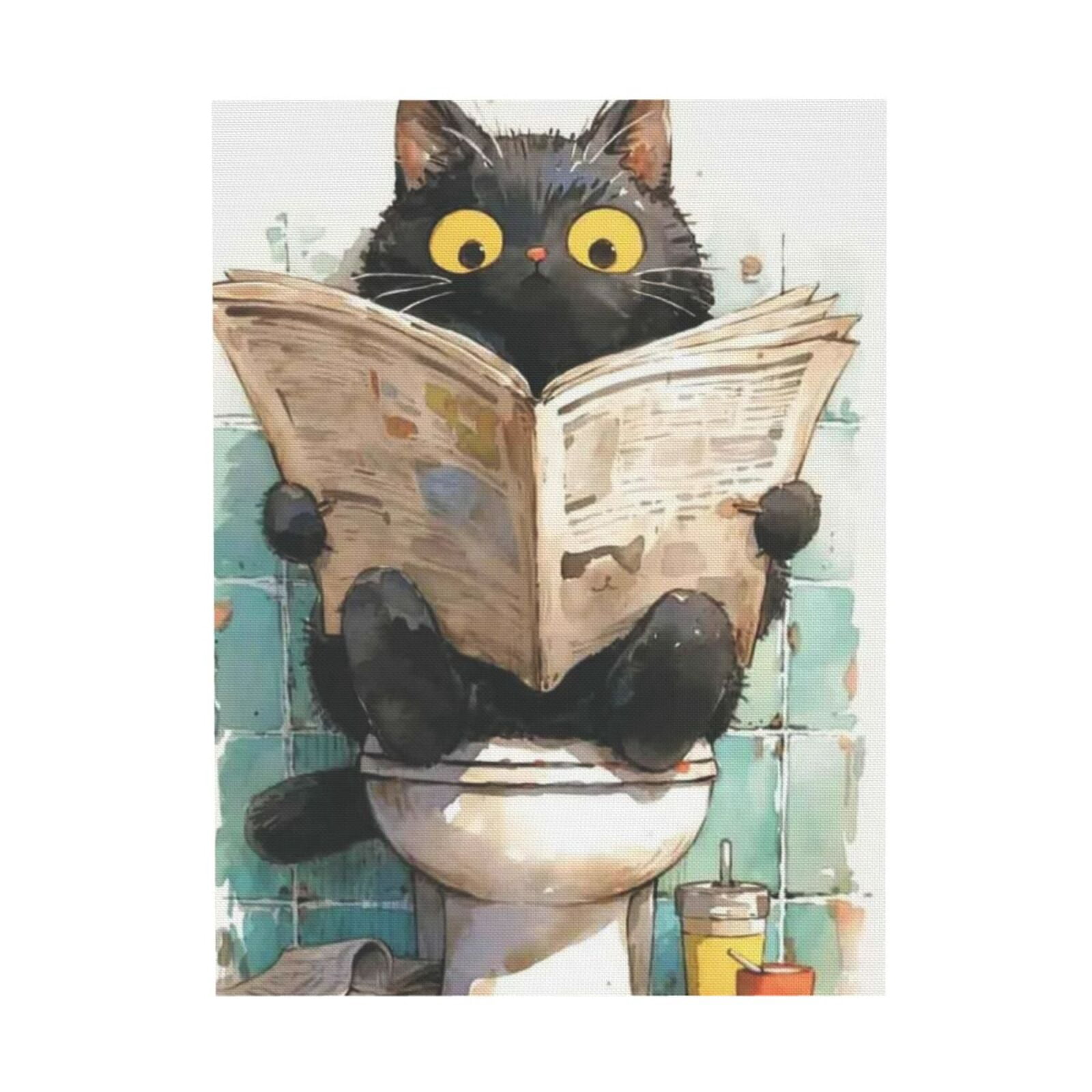 Toiling Animals WFSposter Funny Black Cat Using Toilet Posters Cute Cat Reading ...