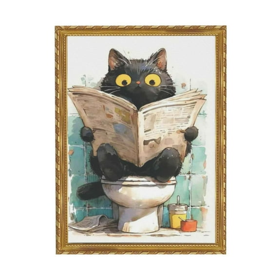 WFSposter Funny Black Cat Using Toilet Posters Cute Cat Reading Newspaper Bathroom Art Botanical Animal Pink Toilet Painting For Living Room Bedroom Toilet Wall Decor 12x16in Unframed
