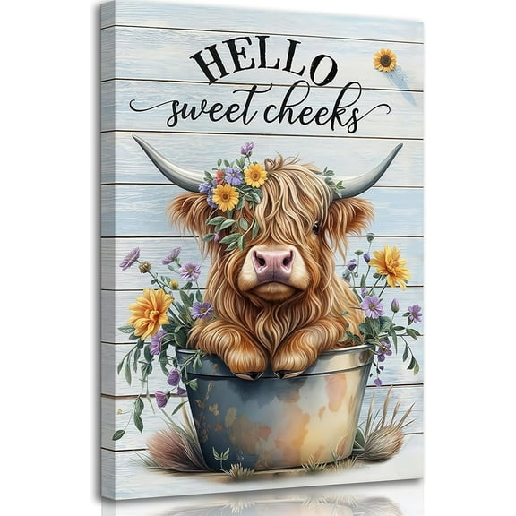 WFSposter Funny Highland Cow Bathroom Canvas Wall Art Farmhouse Cute Cow Painting Picture Wall Decor Colour Flowers Highland Cattle Animals Poster Print Artwork for Bathroom Restroom Home Decor