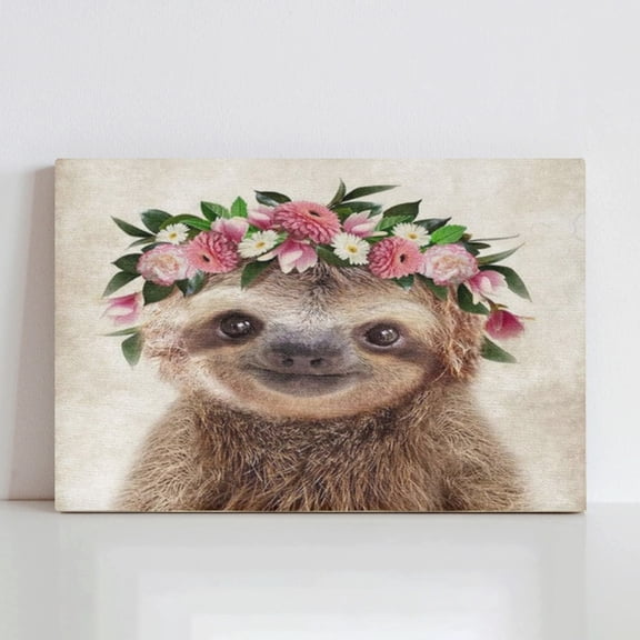 WFSposter Funny Sloth Wall Art Rustic Country Animal Canvas Print Sloth Wearing a Wreath Wall Decoration Vintage Animals Poster Collection Artwork for Bathroom Kitchen Kid's Room Nursery Decor 12x12