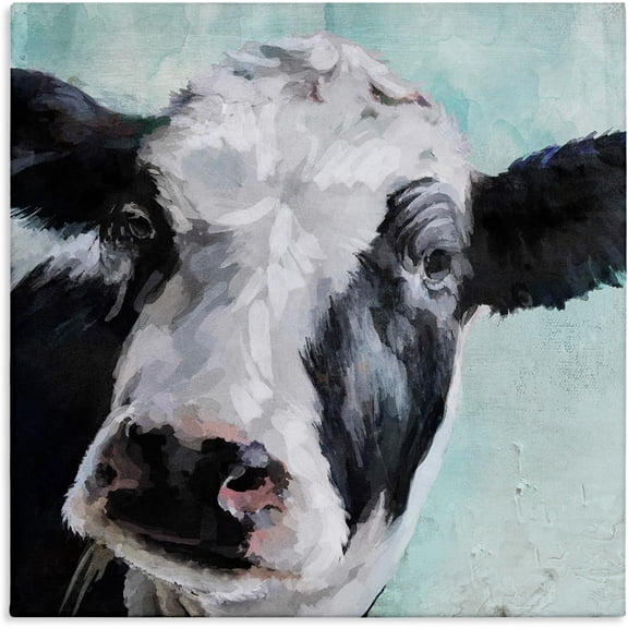 WFSposter Gentle Farm Cow Painting on Blue Stretched Canvas Wall Art, 17 x 1.5 x 17, Proudly Made in USA