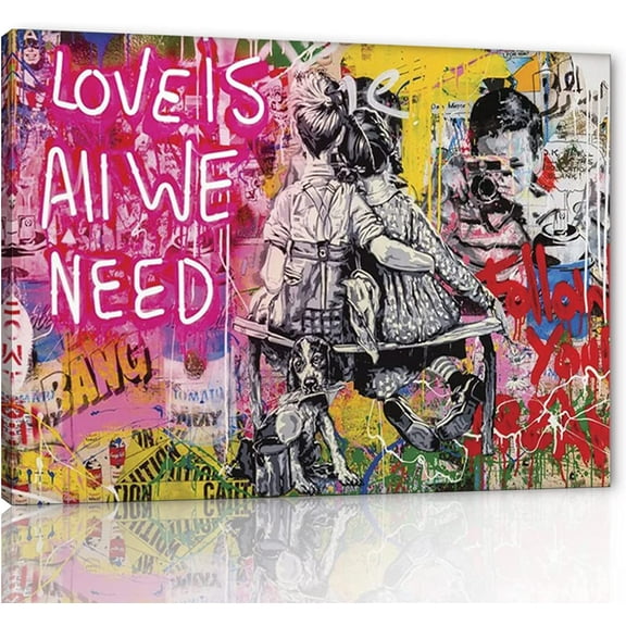 WFSposter-Graffiti Pop Wall Art Love Is All We Need Street Landscape of London City Canvas Paintings Art Pictures Stretched and Framed Ready to Hang Home Decor for Living Room Office Bar
