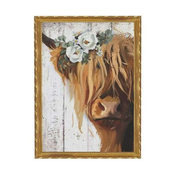 WFSposter Highland Cow Canvas Wall Art: Cow with White Flower Picture Farmhouse Cow Decor Framed Poster for Bedroom Living Room Home Office 11x14"