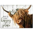 thumbnail image 1 of WFSposter Highland Cow Wall Art - This Is Our Happy Place Inspirational Canvas Poster for Home - Long Haired Scottish Cow with White Flower Picture Farmhouse Kitchen Decor Framed (10"x15"), 1 of 6