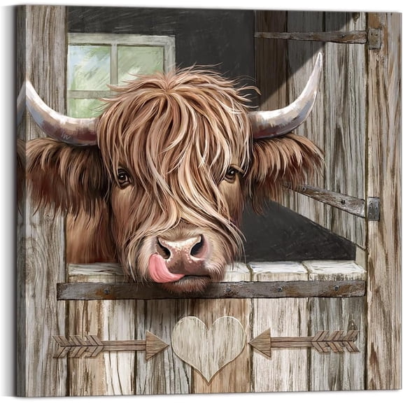 WFSposter Highland Cow Wall Decor, Farmhouse Wall Art Canvas Print Pictures of Brown Cow Artwork for Gift Hanging in Bathroom, Dining Room, Kitchen, Office, Living Room, Bedroom
