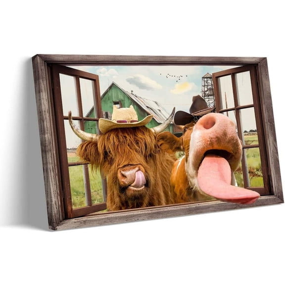 WFSposter Highland Farmhouse Cow Wall Art Funny Animal Picture Wall Decor Prints Framed Highland Cattle Abstract Painting Cow Poster 08x12 inches