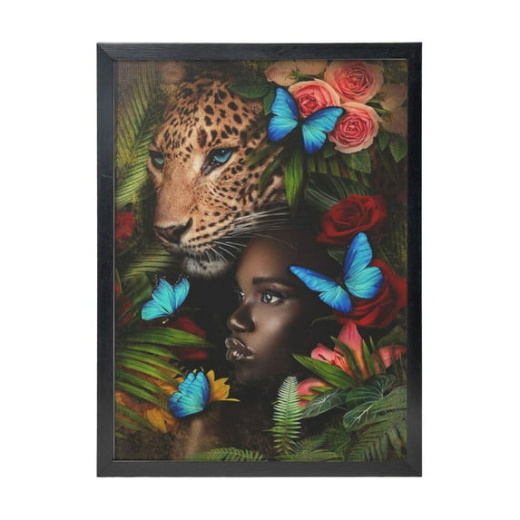 WFSposter Jungle Pictures Wall Art Leopard Safari Animal Canvas Black Girl Artwork Prints for Bedroom Living Room Framed 24X20''