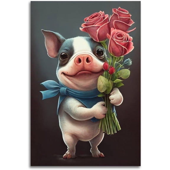 WFSposter Pig Wall Art Poster,Cute Piggy Holding A Rose,Funny Pig Wall Art,small Gift for Woman,Animal Canvas Art Poster And Wall Art Picture Print Modern Family Bedroom Decor Posters