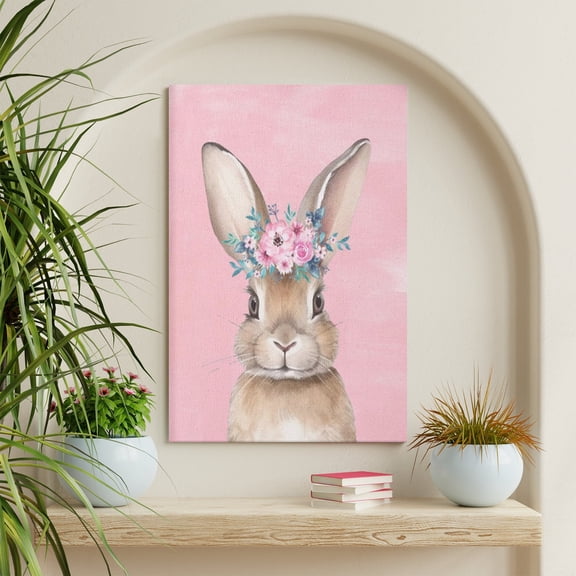 WFSposter Pink Easter Bunny Rabbit Canvas Wall Art Print, Easter Decor Bunny Nursery Girl Room Decor, Flower Animal Nursery Decor, Rabbit Wall Art for Nursery Girls Room Bedroom Kid's Room 11x14In