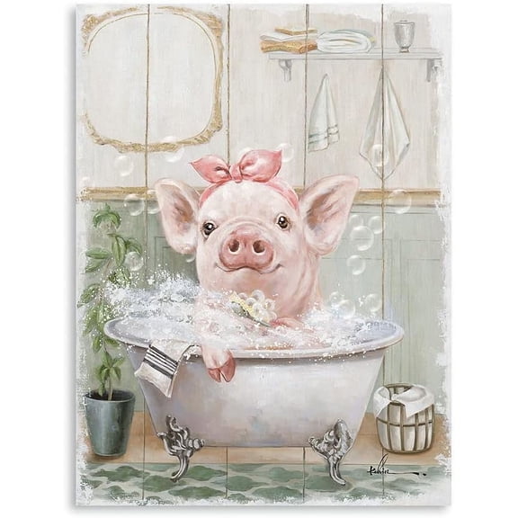 WFSposter Pink Pig Bathroom Wall Art:Cute Animal Framed for Bedroom,Living room,Kitchen and Bathroom(12"x16"x1 Panel)