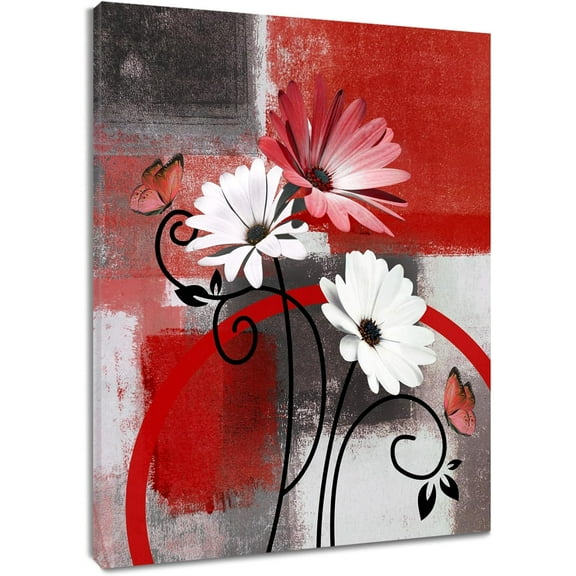 WFSposter-Red Daisy Geometric Wall Art for Bathroom Plant Flower and Butterfly Canvas Wall Art Wall Paintings Home Decor Rustic Floral Wall Pictures for Living Room Bedroom Office Ready To Hang