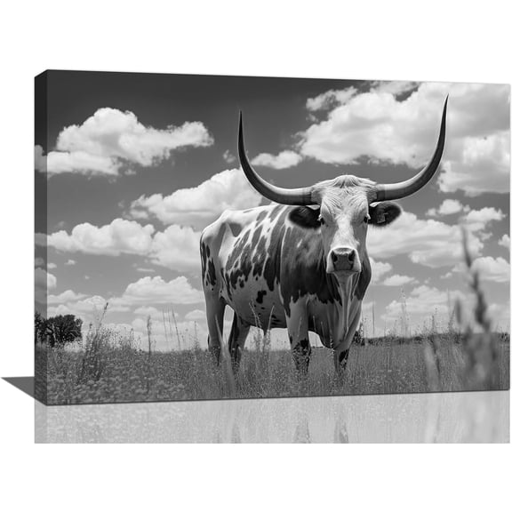 WFSposter-Texas Longhorn Large Black White Wall Art Cow Animal Pictures Wall Decor Bull Landscape Canvas Cattle Print Painting Modern Artwork Home Decoration for Living Room Bedroom Office