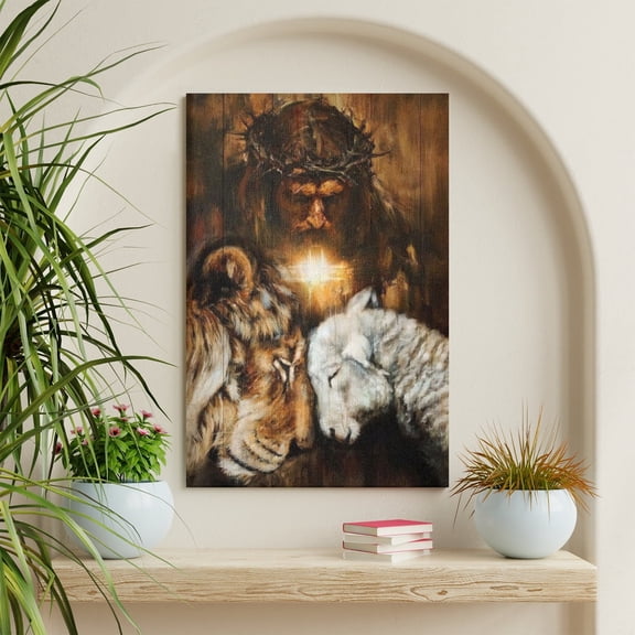 WFSposter Vibrant Lion and Lamb Canvas Art Print, Christian Wall Art, Unframed, 16x24 inches (40x60 cm), Hall, Bedroom