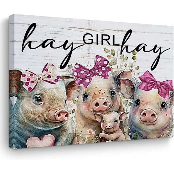 WFSposter Vintage Pig Gifts Farm Animals Flowers Pig Decor Canvas Wall Art Wall Decor Country Posters Art Prints Artwork Pictures for Farmhouse Home Bedroom Girls Room Living Room Decor Hay Girl Hay