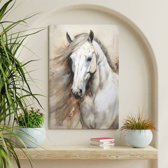 WFSposter White Horse Picture Wall Art - Large Animal Canvas Painting - Horse Portrait for Office, Bedroom