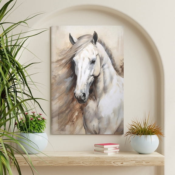 WFSposter White Horse Picture Wall Art - Large Animal Canvas Painting - Horse Portrait for Office, Bedroom