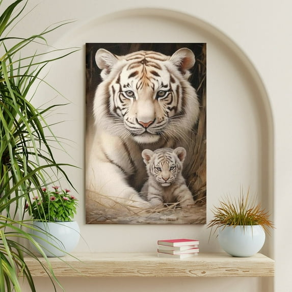 WFSposter White Tiger Canvas Wall Art Tiger Mother and Baby Lovely Cats Animal Picture Painting Large Animal Family Wall Decor Gallery Artwork for Bedroom Living Room Ready to Hang