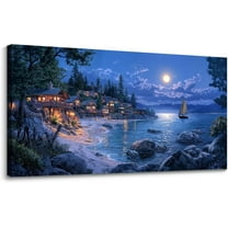 WFSposterBeach Canvas Wall Art - Large Dark Blue Ocean Town Calm Night View Moon Pictures Canvas Print Coastal Wall Paintings for Bedroom Living Room Kitchen Home Office Decor