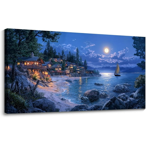 WFSposterBeach Canvas Wall Art - Large Dark Blue Ocean Town Calm Night View Moon Pictures Canvas Print Coastal Wall Paintings for Bedroom Living Room Kitchen Home Office Decor