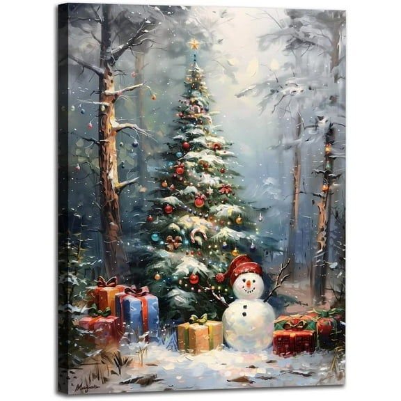 WFSposterChristmas Wall Art Winter Pine Tree Canvas Pictures Wall Decor Snowman Romantic Christmas Snowman Poster Xmas Tree Prints Painting for Holiday Gifts, for Living Room Bedroom Decor