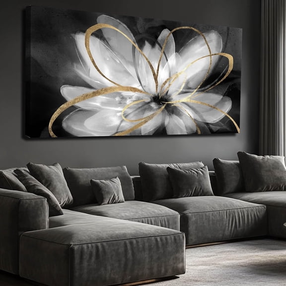 WFSposterFlower Large Artwork Gold Wall Decor White Canvas Paintings for Living Room Bedroom Kitchen Office