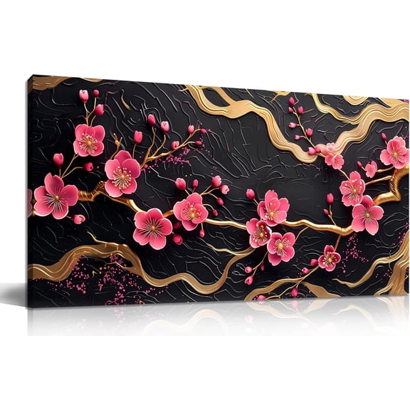 WFSposterFlower Wall Art for Bedroom, Plum Blossom Tree Canvas Wall Decor for Living Room, Red Black and Gold Picture Print Artwork for Office