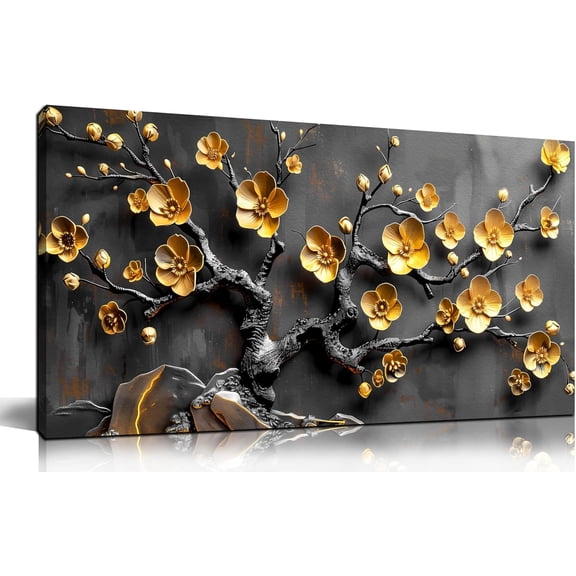 WFSposterLarge Canvas Wall Art for Living Room Bedroom Home Office Grey and Gold Metal Color Plum Blossom Picture Modern Canvas Prints Framed Wall Decor