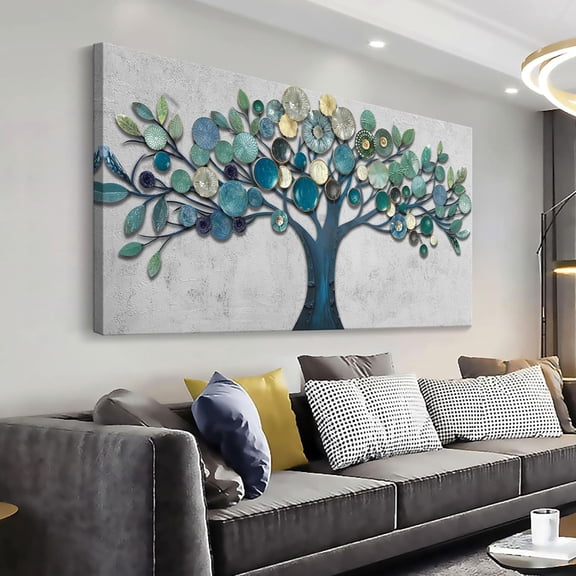 WFSposterLarge Canvas Wall Art - Wall Pictures Artwork for Living Room Tree of Life Blue Gold Leaves Gray Background Paintings Bedroom Dining Room Office Kitchen Home Decor